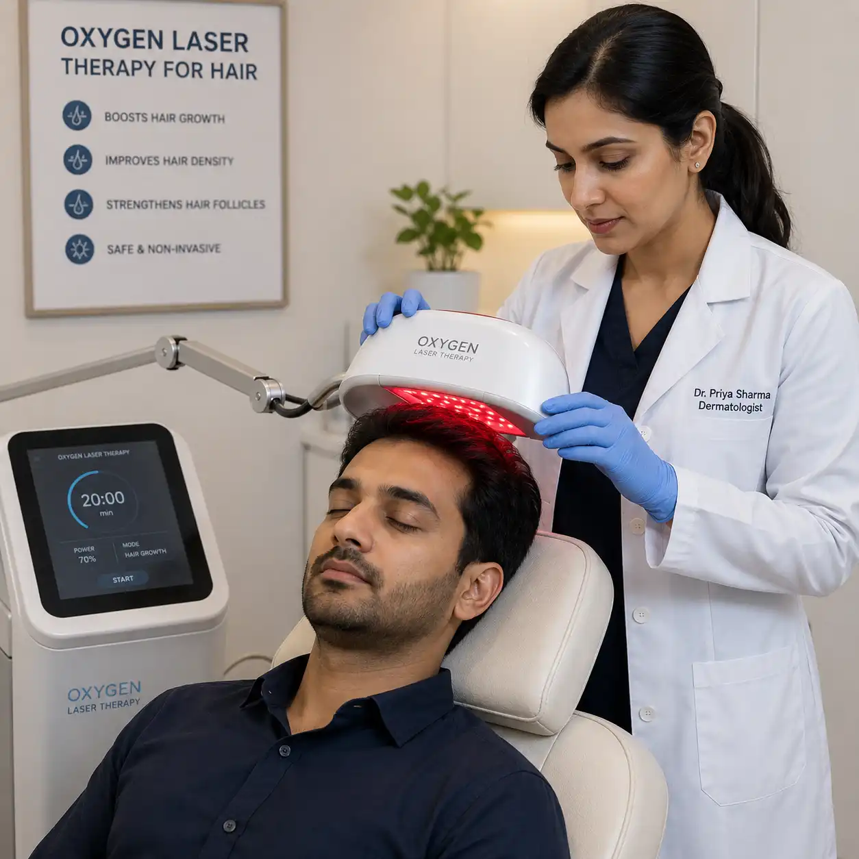 Oxygen Laser Therapy session at Maynee Clinic Chennai — LLLT device on patient scalp