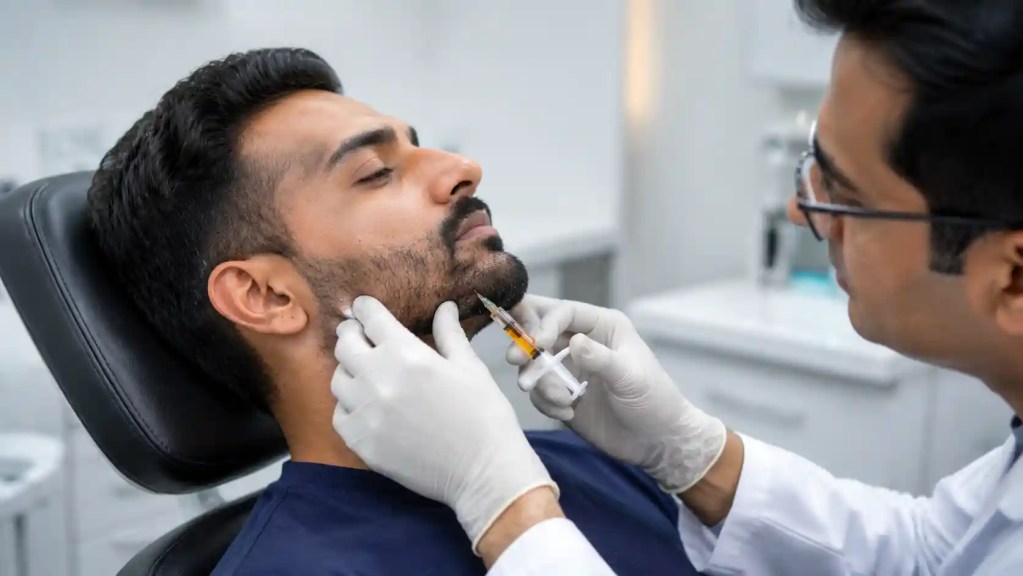 Dermatologist performing GFC or PRP treatment for beard hair regrowth on an Indian male patient.