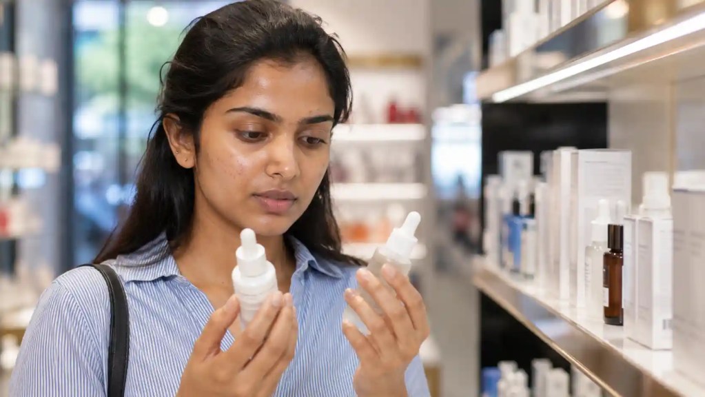 Indian woman comparing different niacinamide serum strengths while reading ingredient labels.
