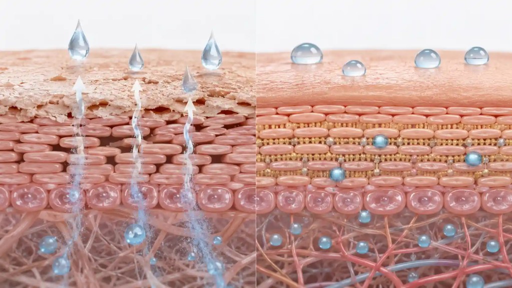 Medical illustration showing a damaged skin barrier causing transepidermal water loss compared with a healthy moisture-retaining skin barrier.