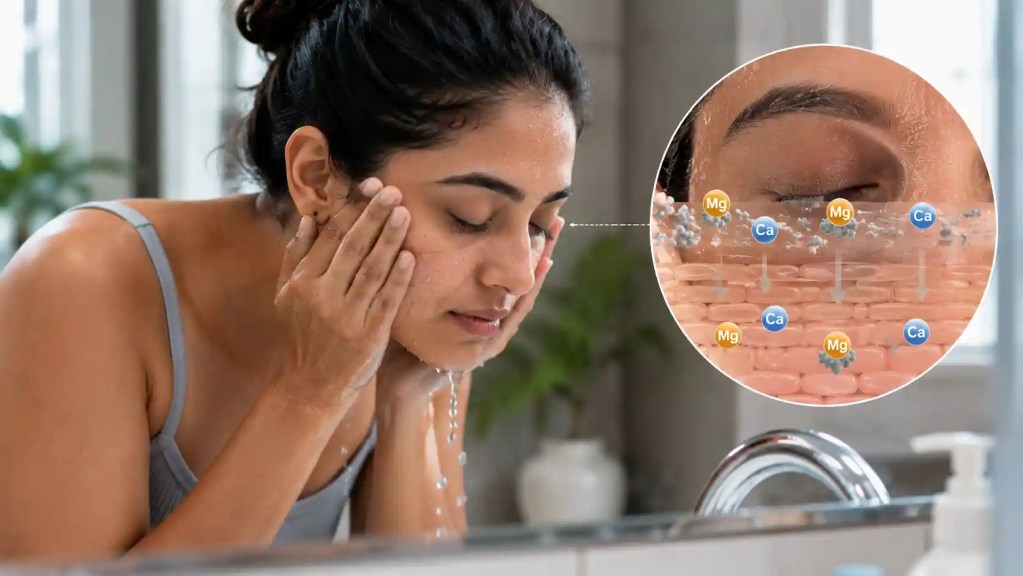 Indian woman washing her face with hard tap water illustrating how mineral deposits can contribute to dry skin and barrier damage.