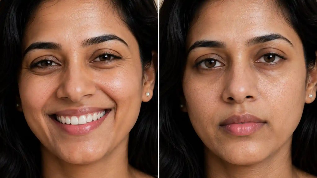 Woman with naturally hydrated, smooth, radiant skin and softened expression lines after personalized skin booster and Botox treatments.