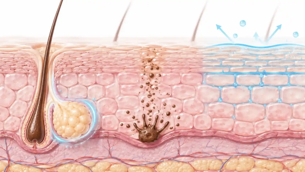 3D skin illustration showing niacinamide supporting the skin barrier, reducing excess oil and limiting pigmentation.