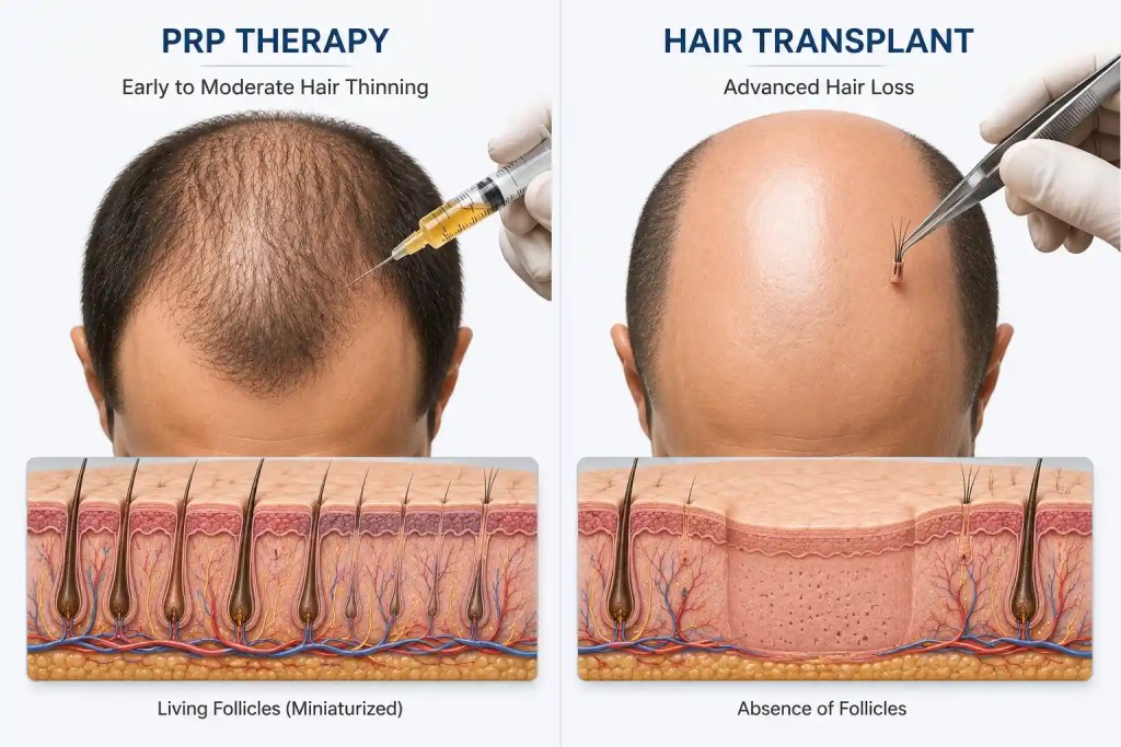 Comparison illustrating when PRP therapy is suitable versus when a hair transplant is recommended for hair loss.