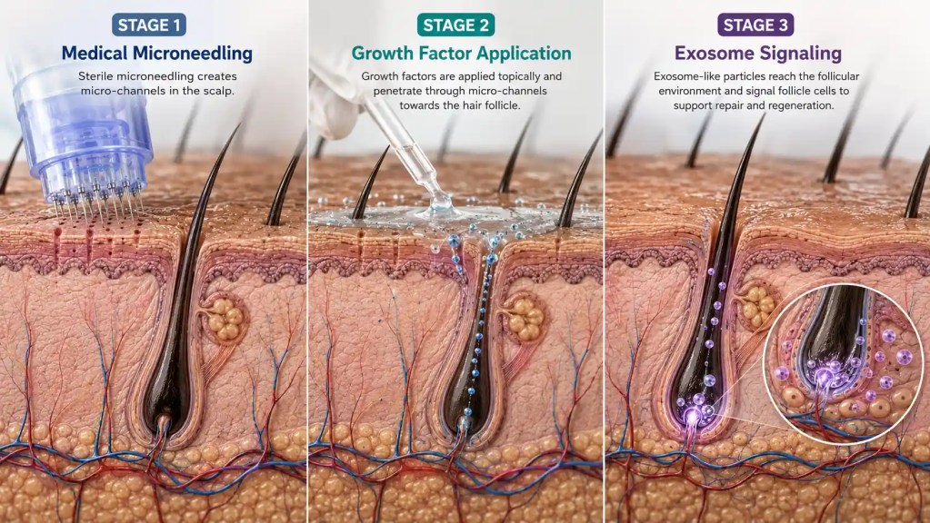 Combined hair treatment sequence showing microneedling, growth factor delivery and exosome application