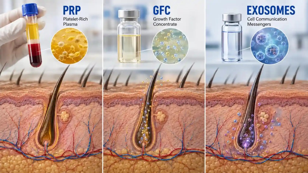 Visual comparison of PRP, GFC and exosome therapy for hair follicles