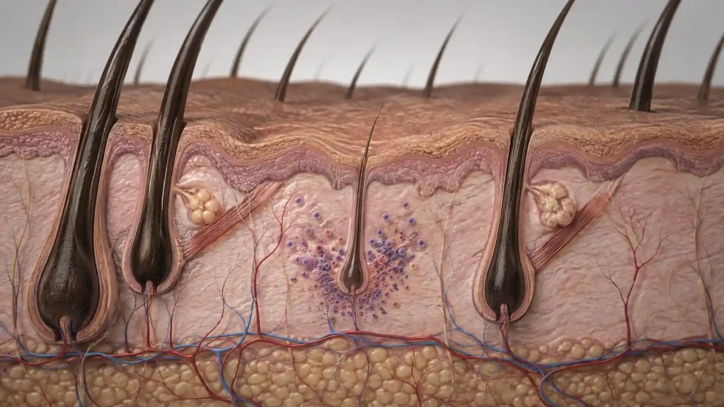 Scalp cross-section showing follicle miniaturisation, reduced circulation and low-grade inflammation