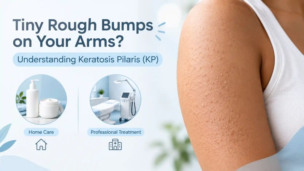 Close-up of keratosis pilaris on an upper arm alongside illustrations of home skincare and professional dermatology treatment options.